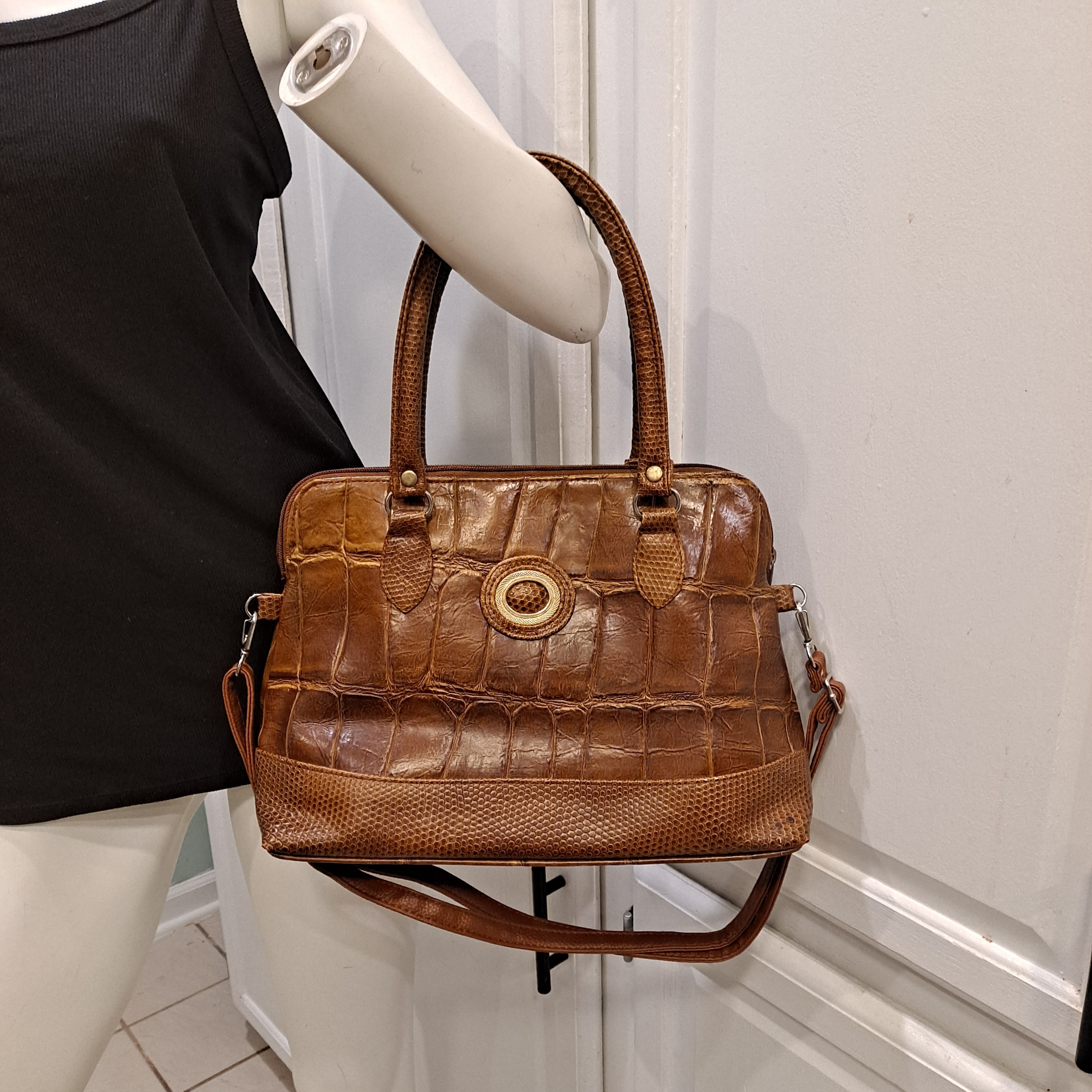 Chateau Brown Crocodile Pattern Vegan Leather Crossbody Bag